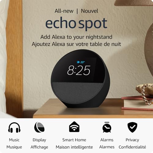 Amazon Echo Spot – Smart Alarm Clock with Alexa & Vibrant Sound