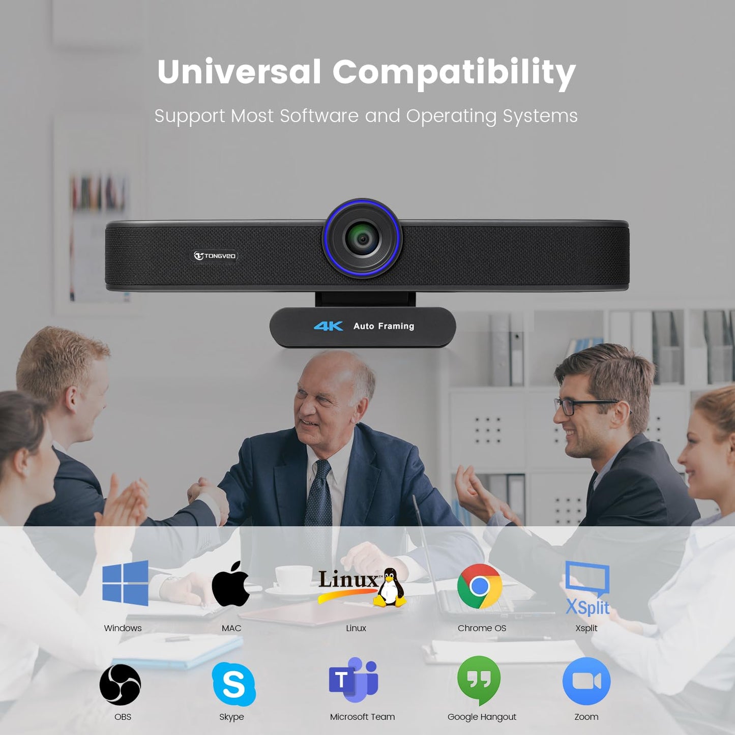 TONGVEO 4K Webcam with AI Auto Framing & 4X Zoom