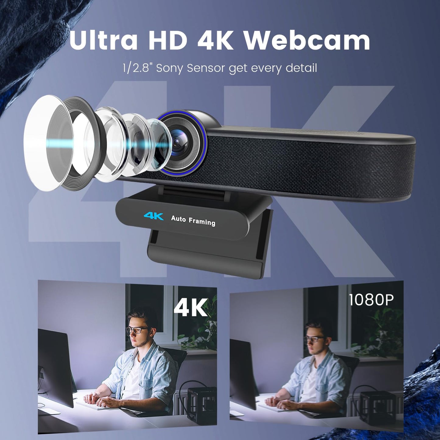 TONGVEO 4K Webcam with AI Auto Framing & 4X Zoom